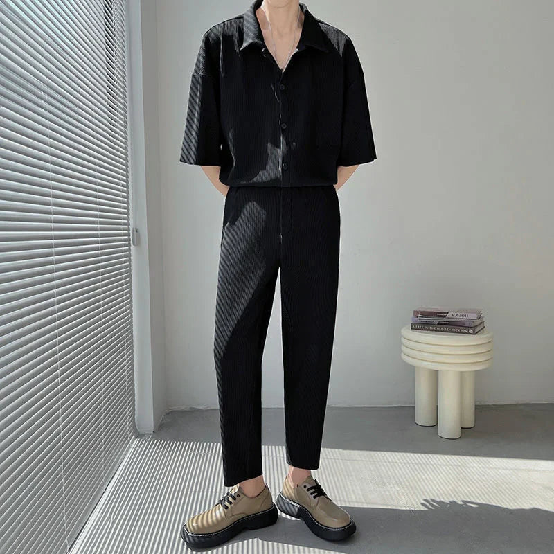 maoxiangshop Summer Pleated Sets Men Fashion Black/White Casual Ice Silk Suit Men Korean Short-sleeved Shirt/Trousers Two-piece Mens Set