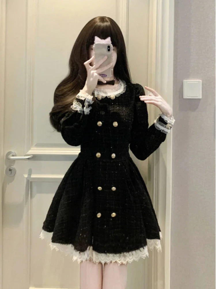 maoxiangshop Autumn black Vintage Dress Women French Style Patchwork Lace Elegant Mini Dress Female Long Sleeve Chic Casual Party Dress