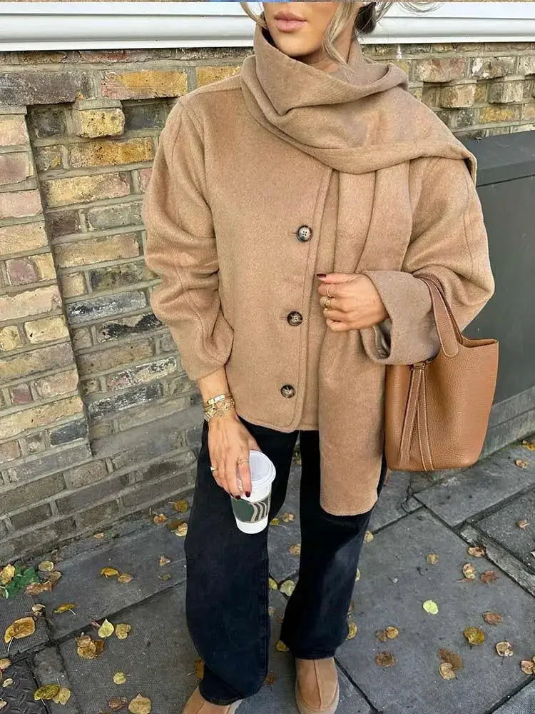 maoxiangshop - Chic Scarf Collar Women Short Coats Women Casual Single Breasted Long Sleeve Jackets 2024 Autumn New Lady High Street Outerwear