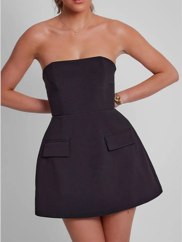 maoxiangshop Fashion Solid Strapless Pockets Mini Dress For Women Elegant Backless A-line Slim Dresses Sexy Chic Female High Street Robe