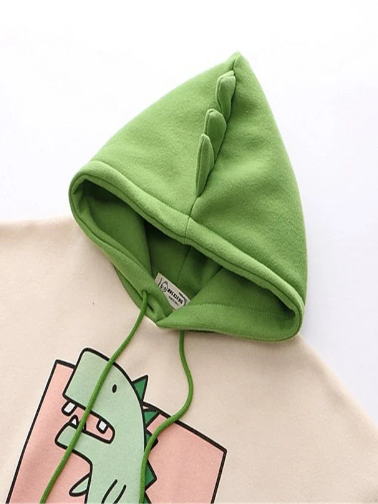 Women Dinosaur Sweatshirts Hooded Warm Fleece Hoodies Pullovers With Horns Harajuku Girls Teens Green Hoodie
