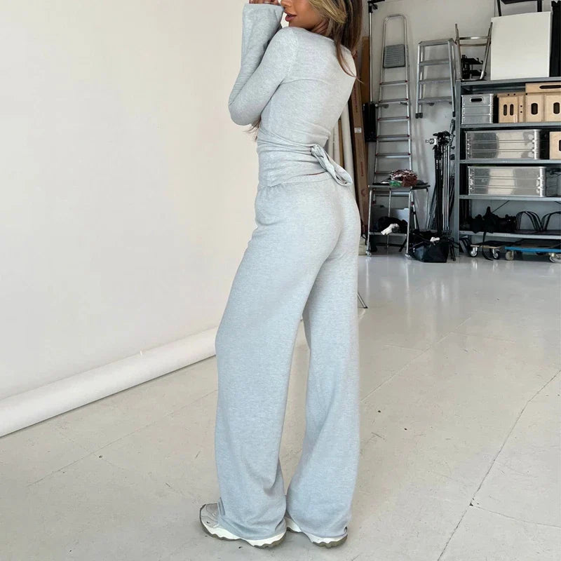 maoxiangshop - Vintage 2 Piece Outfit V Neck Waist Tie T-shirt + Elastic Waist Pants Women Fashion Lounge Set Autumn Long Sleeve Crop Tops