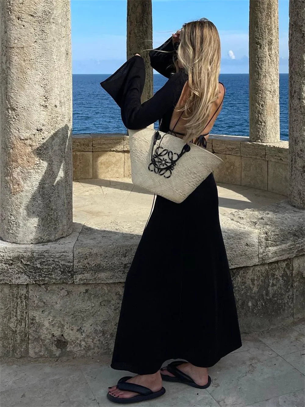maoxiangshop - Women Knitted Backless Bandage Maxi Dresses Autumn Summer Sexy Beachwear Lantern Long Sleeve O Neck Floor-Length Ladies Robe