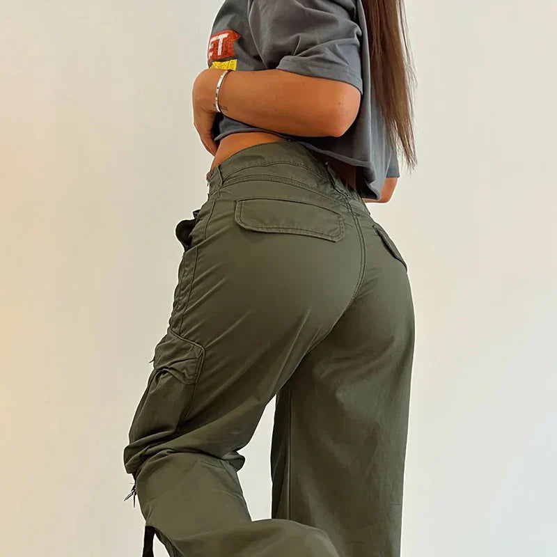 Rockmore Cargos Style Parachute Pants Low Waist Women Joggers Harajuku Pockets Baggy Wide Leg Trousers y2k Streetwear Casual