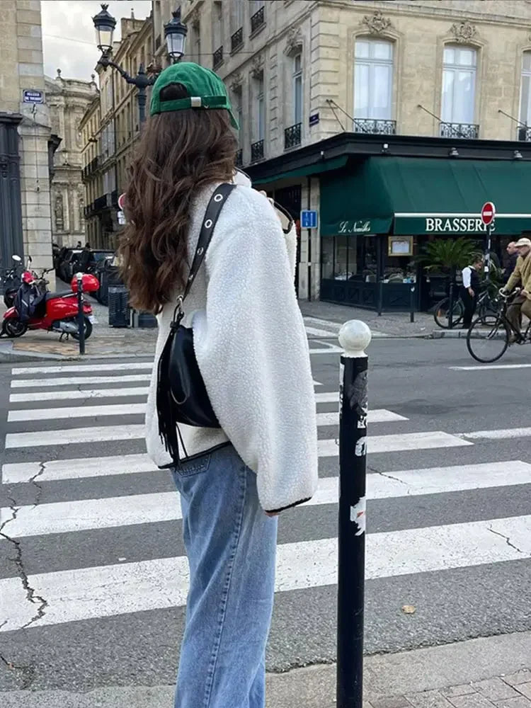 maoxiangshop - Fashion Contrast Lamb Wool Jacket Women Casual Single Breasted Stand Collar Long Sleeves Thick Coat Autumn Winter Lady Outwear