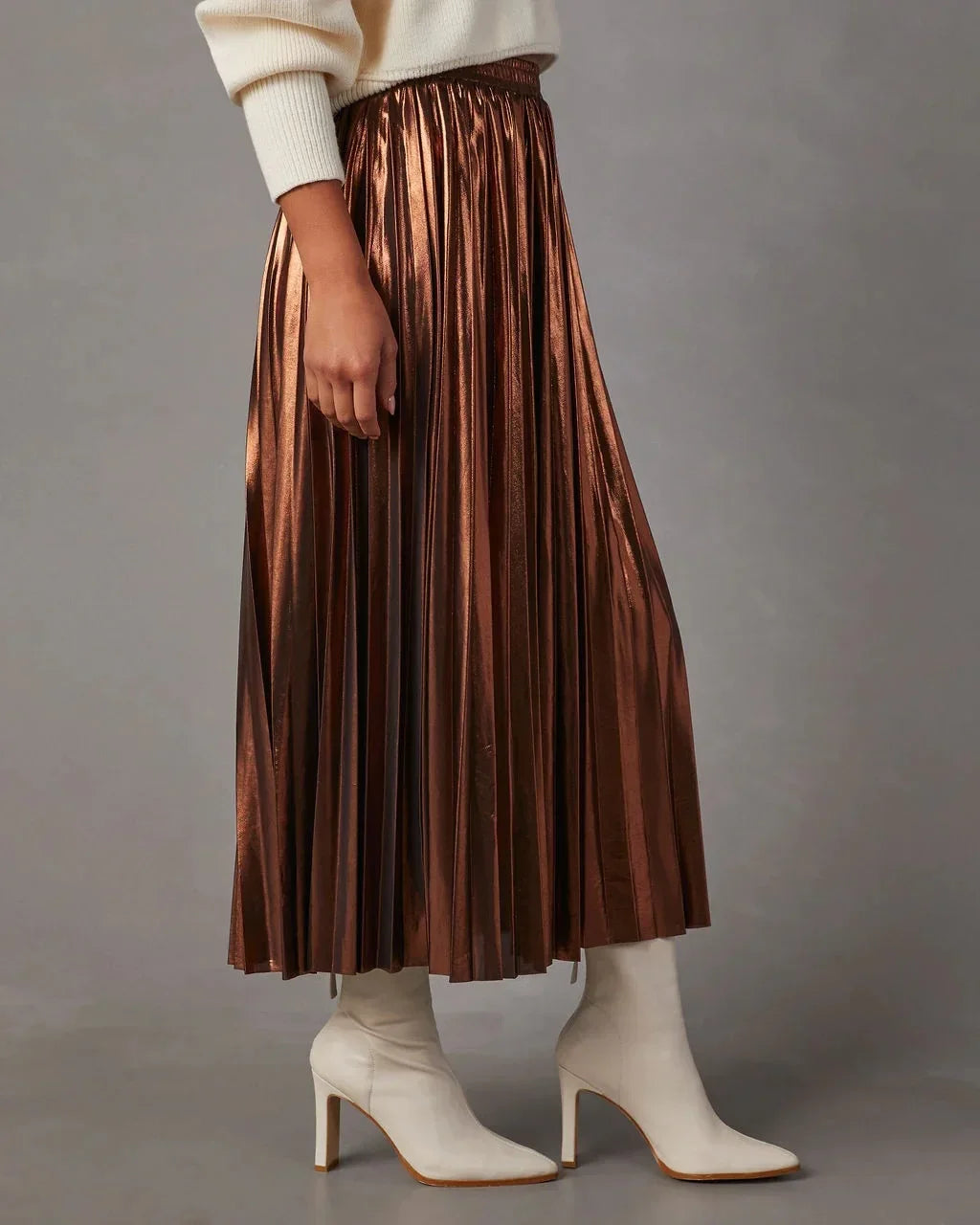maoxiangshop - New Fashion Giny Pleated Long Skirts Autumn Winter High Waist A- Shaped Midi Long Metallic Pleated Skirt for Women Skirts