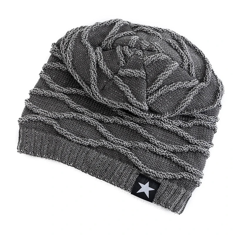maoxiangshop New Unisex Slouchy Winter Hats Add Fur Lined Men And Women Warm Beanie Cap Casual Five-pointed Star Decor Winter Knitted Hats
