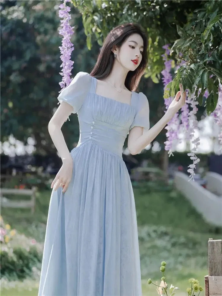 maoxiangshop Blue Fairycore Dress Women Sweet Thin Defined Midi Romantic Summer Chic French Style Square Collar Gentle New Arrival OOTD