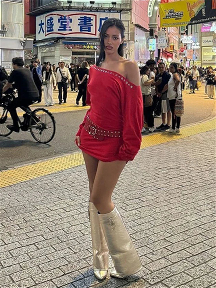 maoxiangshop - Autumn Hipster Inclined Shoulder Mini Dress Casual Street Outfits Women 2024 Fashion Rivet Long Sleeve Bodycon Red Dress