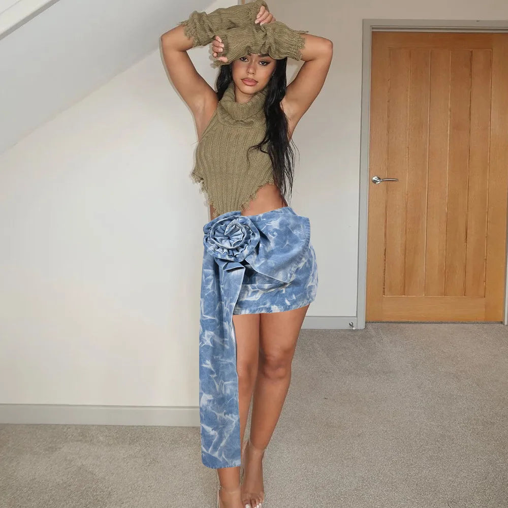 maoxiangshop - Tie Flower Denim Skirt Jean Mini Dress Sexy Y2K Streetwear 2023 Women Winter Fall Fashion Cargo Dress High Waist Tie Dye Skirts