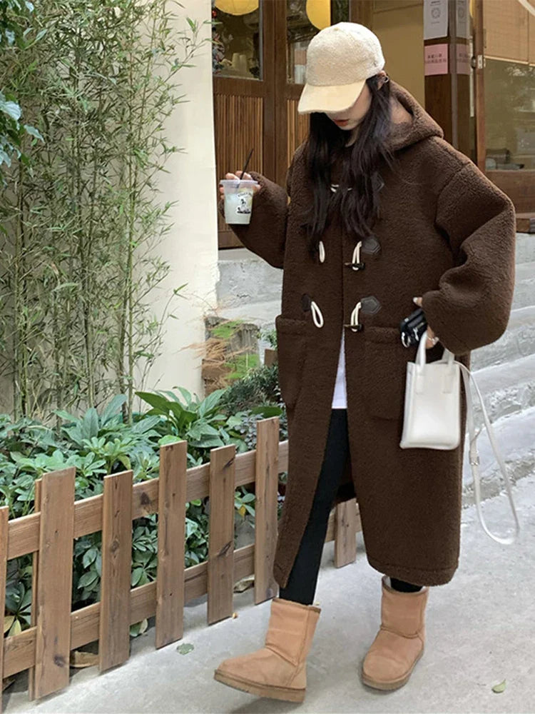maoxiangshop - Casual Fluffy Lamb Wool Long Coats Women Warm Loose Horn Button Pockets Solid Coat Female Winter Elegant Chic Streetwear