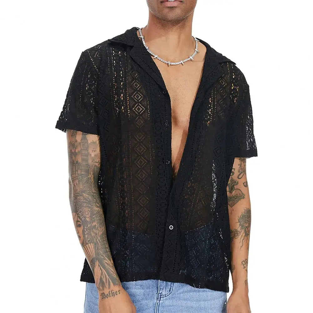 maoxiangshop Stylish Men T-shirt Mid-length Solid Color Soft Breathable See-through Men Shirt Men Shirt Daily Wear