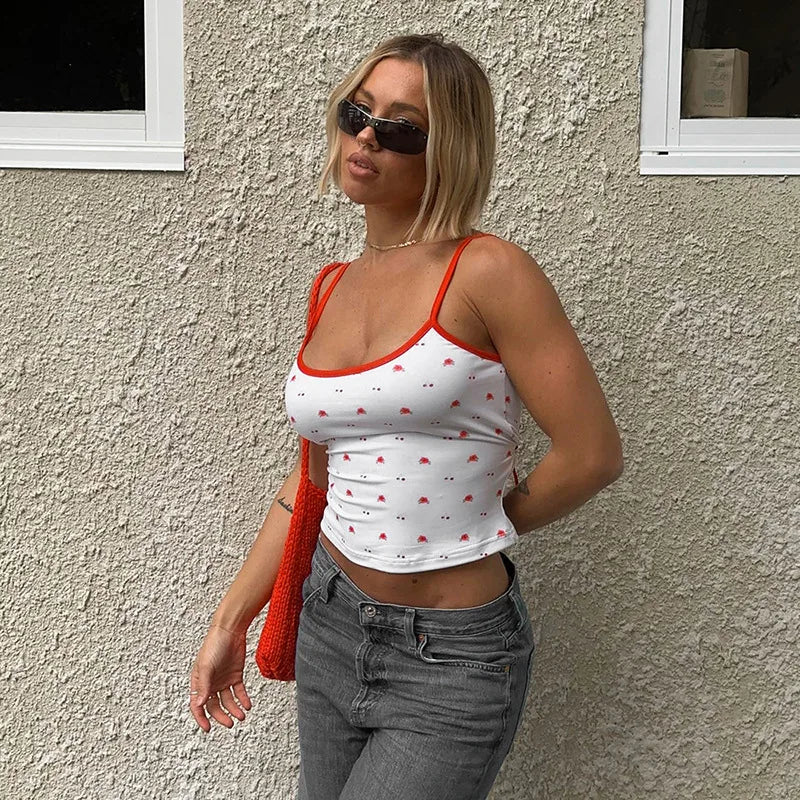 maoxiangshop - Cherry Flower Print White Camisole Y2k Cute Core Girls Summer Clothes Tie Back Sexy Crop Top Women
