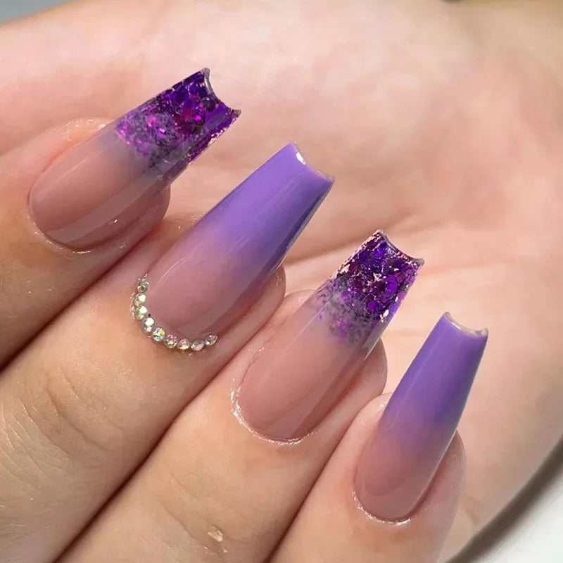 maoxiangshop 24pcs Long Coffin Purple False Nails Ballet Simple Glitter with Glue French Design Wearable Fake Nails Artificial Nail Tips