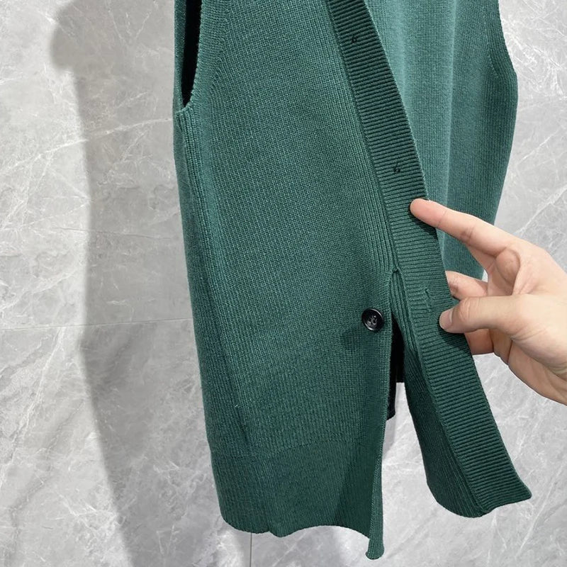 maoxiangshop Men's Luxury Knitted Pullover Sweater Vest Casual Streetwear Button Solid Color O Neck Sleeveless Loose Stylish Vintage Knitwear