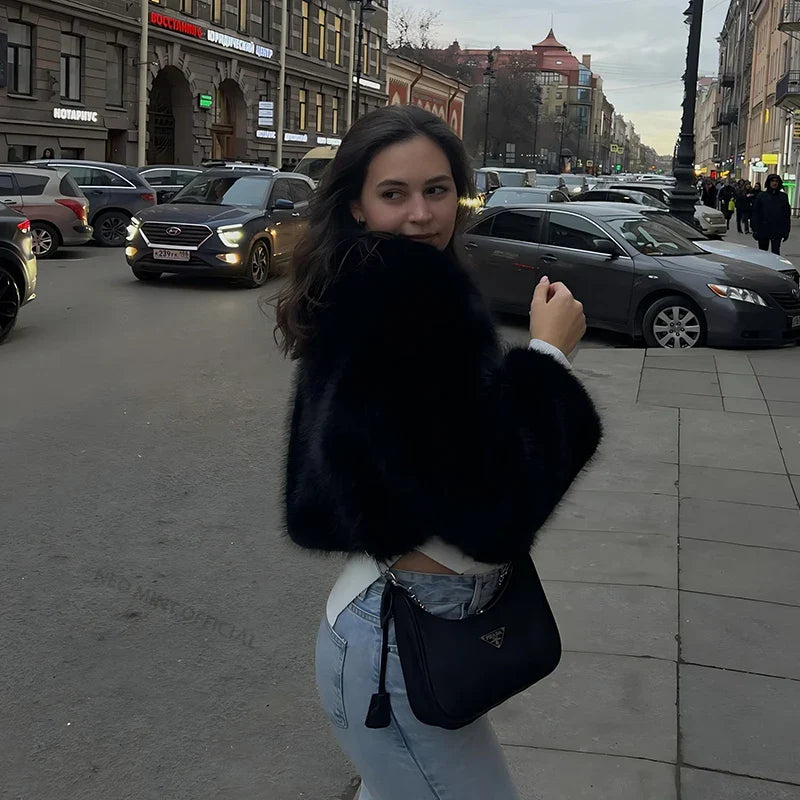 maoxiangshop - Brand Fashion 2024 Winter Sweet Pink Cropped Faux Fur Coat Women Streetwear Ins Chic Girls Fluffy Fox Fur Jacket Female