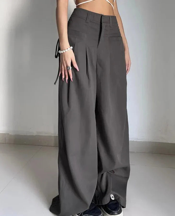 maoxiangshopShirring Casual Wide Leg Pants Women High Waist Street Basic Loose Sweat Trousers Korean Retro Gray Office Lady Pants
