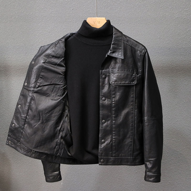 maoxiangshop Autumn New Korean Fashion Men's Slim Leather Jacket Retro Style Casual Lapel Black Biker Jacket Male Brand Clothes