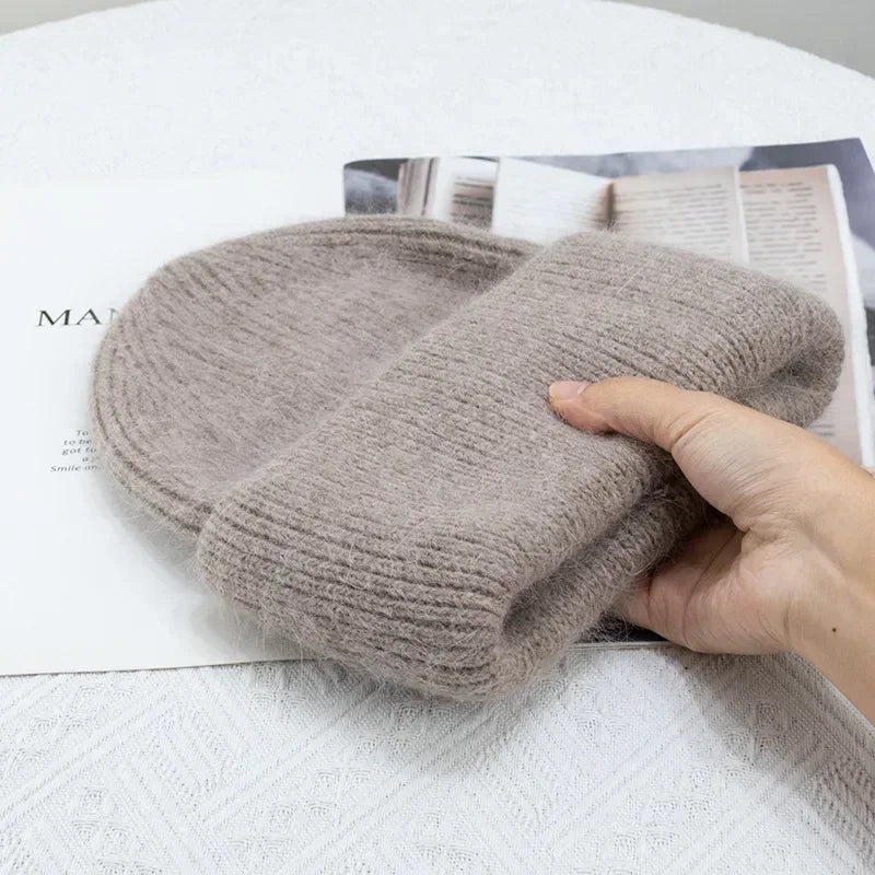 maoxiangshop 21colors Autumn Angola Rabbit Fur Knitted Beanies Winter Skullies Women's Hat Fashion Solid Warm Cashmere Wool Three Fold Thick