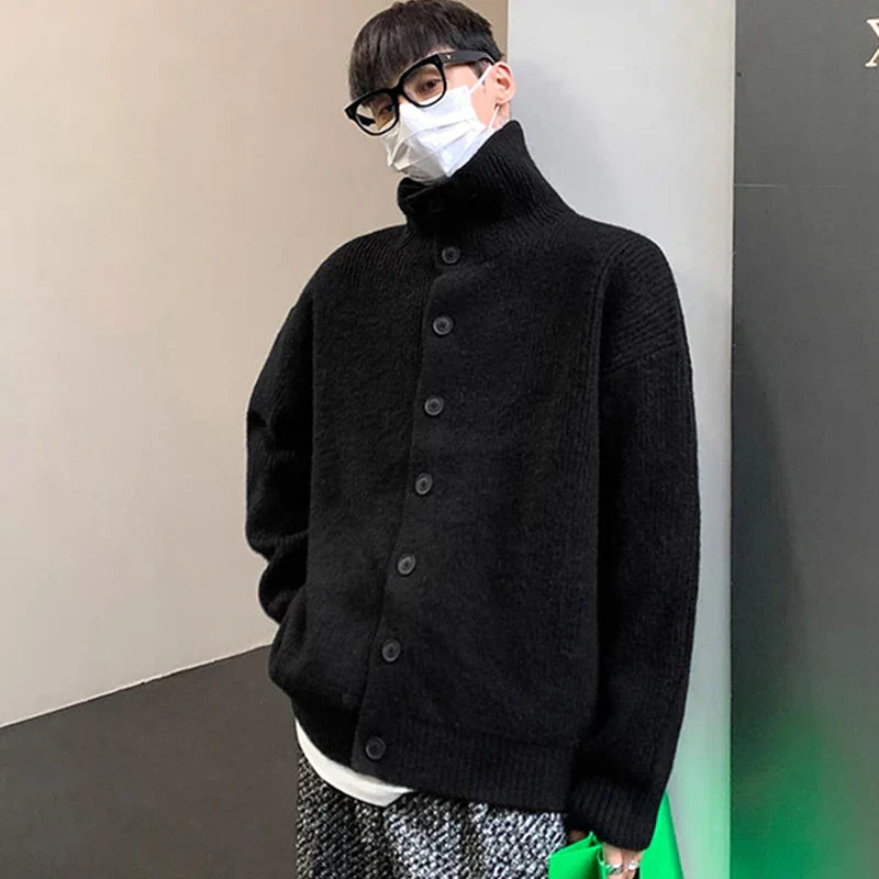 maoxiangshop Winter Clothing Men's Luxury Knitted Jacquard Turtleneck Cardigan Sweatercoat Long Sleeve Casual Buttons Solid Color Coat