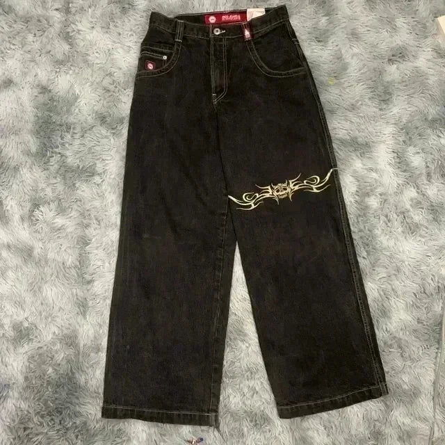 Jeans New Y2K Women Harajuku Retro Hip Hop Cartoon Embroidery Baggy Jeans Black Pants High Waisted Wide Trousers Streetwear
