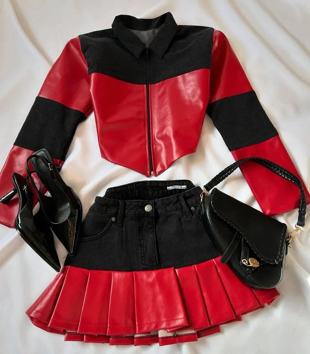 maoxiangshop - Y2K Gothic Fashion Skirts Womens Two Piece Leather Patchwork Denim Patchwork women Clothes Zipper Mini Denim Slim Fit Mini Skirt