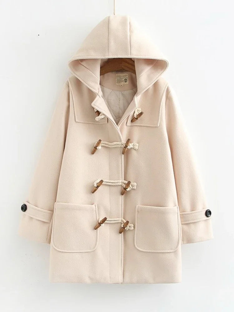 Winter Women Wool Blends Coat Straight Long Hooded Coats Jacket Horn Button Sleeve Preppy Style Female Warmness Outwears