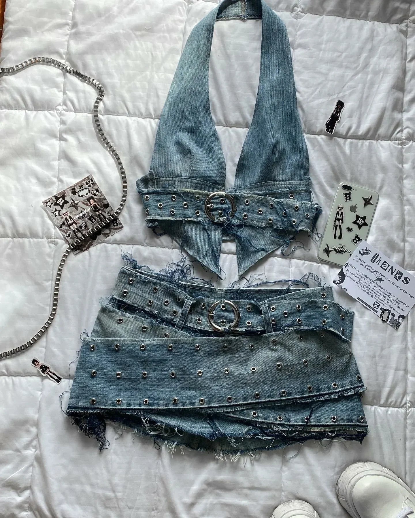 maoxiangshop - Y2K Gothic Fashion Skirts Womens Two Piece Leather Patchwork Denim Patchwork women Clothes Zipper Mini Denim Slim Fit Mini Skirt