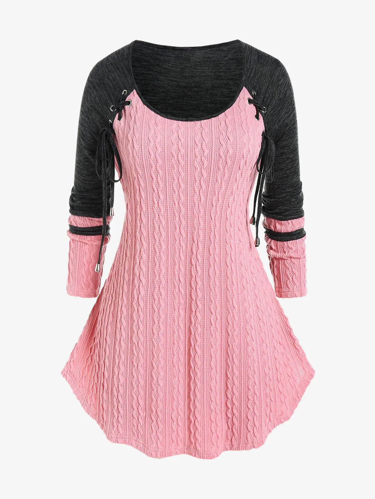maoxiangshop Autumn Winter Women's Casual Tops Plus Size Colorblock Cable Knit Panel Lace Up Tee,Long Sleeves Casual Shirts 4XL
