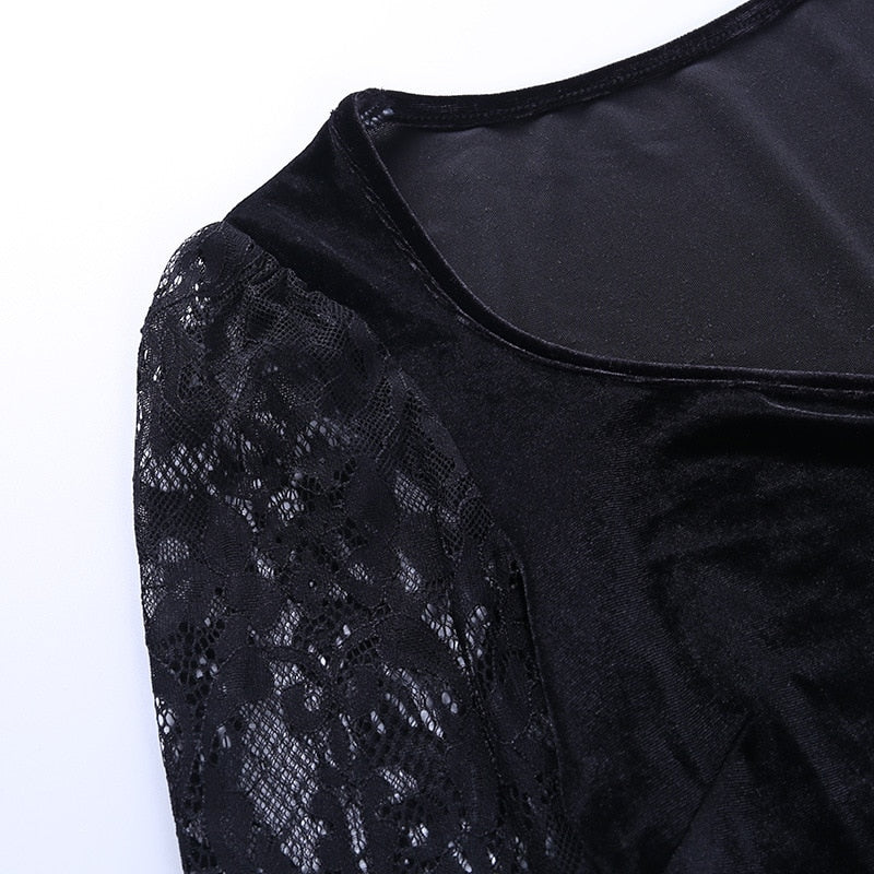 maoxiangshop 90s Vintage Velvet Black Crop Top Elegant Lady Lace Flare Sleeve V Neck T-shirt Harajuku Grunge Retro Tees Women Gothic Clothes