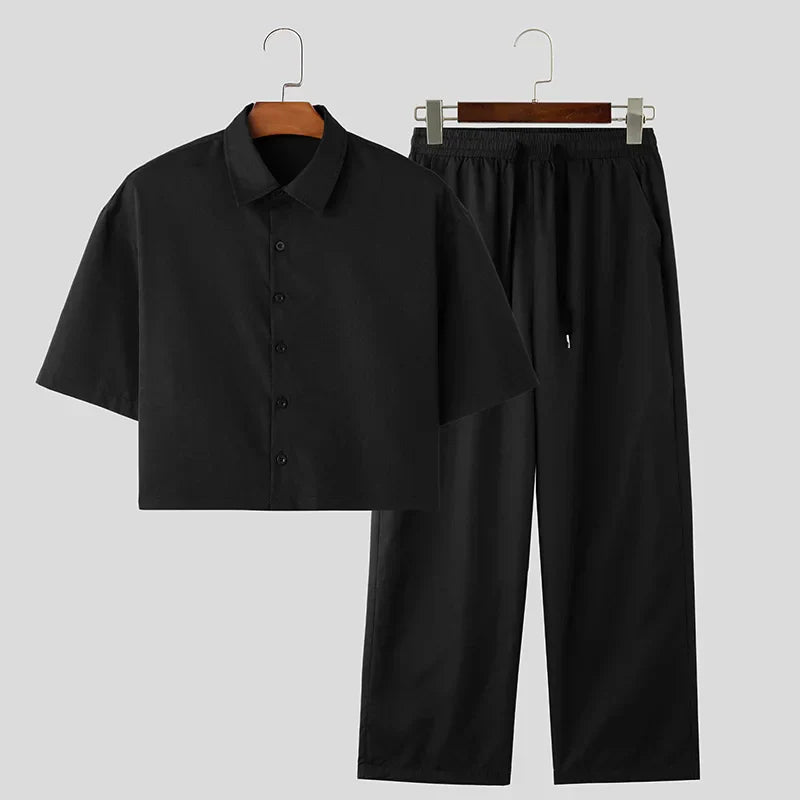 maoxiangshop 2024 Men Sets Solid Color Streetwear Lapel Short Sleeve Shirt & Pants Two Pieces Sets Fashion Men's Casual Suits S-5XL