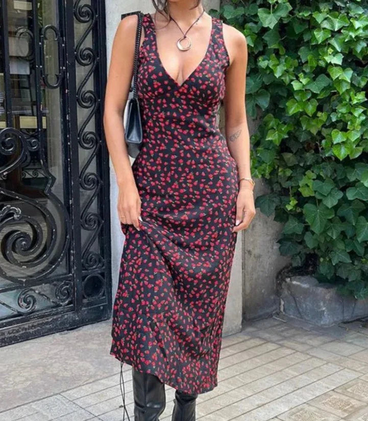 maoxiangshop Floral Print Deep V-Neck Slip Elegant Women Autumn Maxi Dress Fashion Sexy Backless Slim Long Dresses New