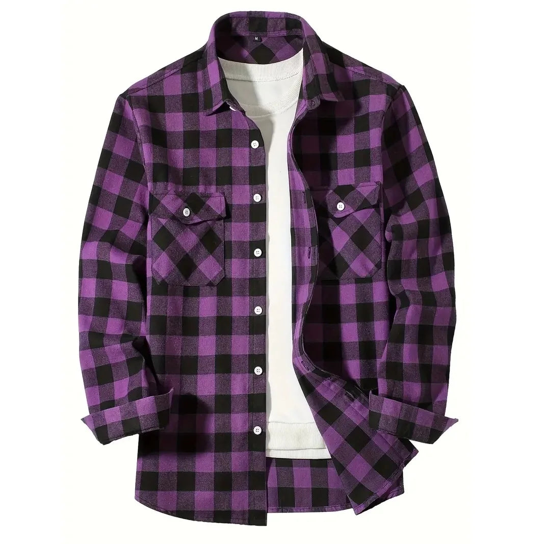 maoxiangshop Men's Shirts Button-Up Classic Plaid Smart Casual Flannel Shirt Long Sleeved Chest Two Pockets Design Spring Autumn Men Tops