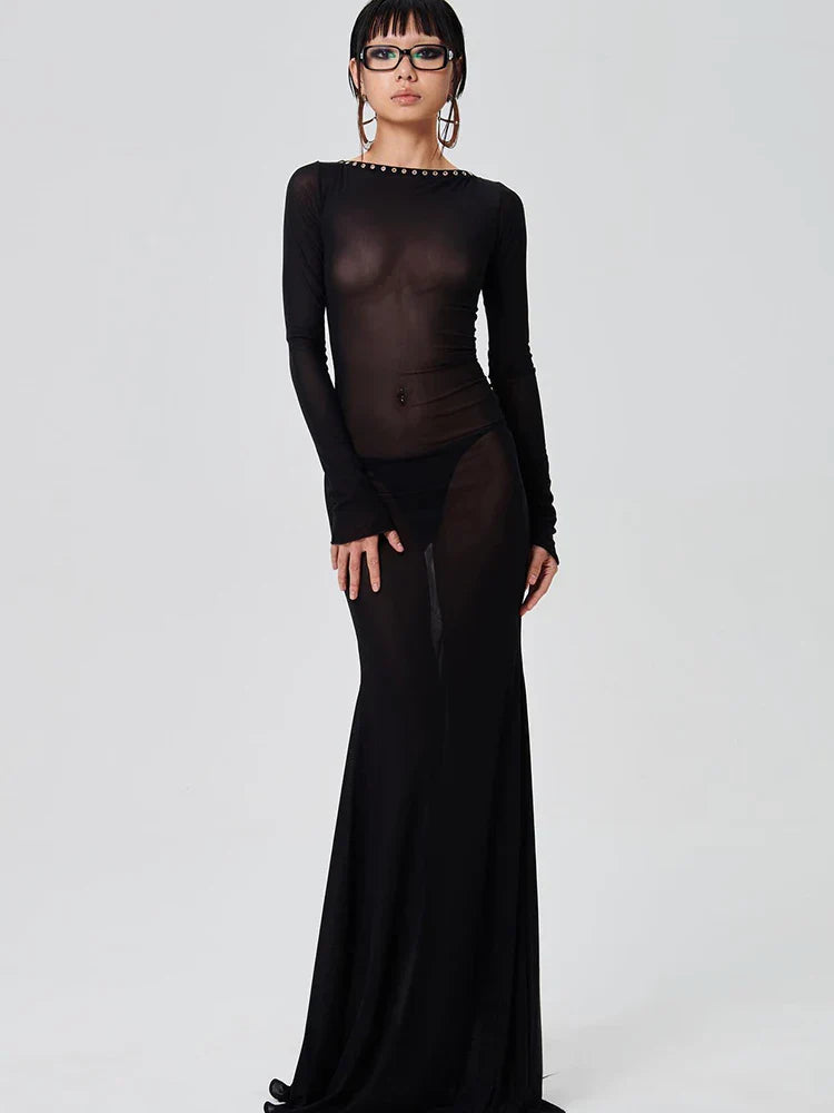 maoxiangshop-Hugcitar Mesh Black Long Sleeve Backless See Through Sheer Sexy Slim Bodycon Maxi Dress Summer Women Beach Nightclub Outfit