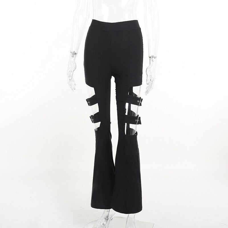 Y2K Sexy Hollow Out Adjustment Black Flared Pants Summer Fashion High Waist Casual Club Streetwear