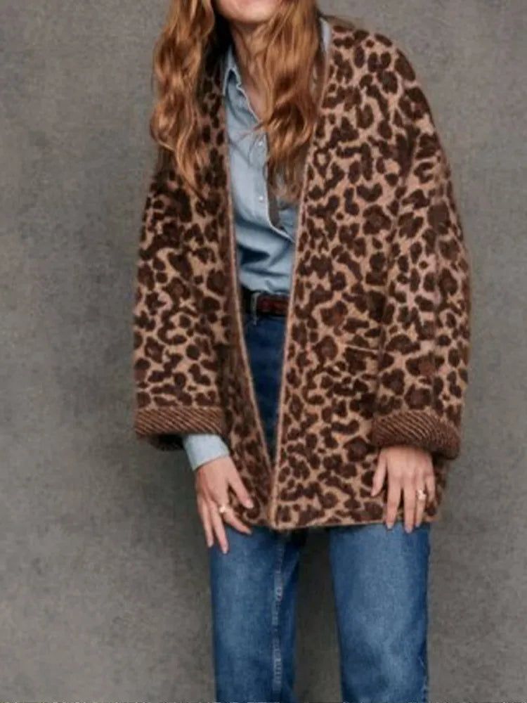 maoxiangshop - Fashion Mohair Leopard Printed Warm Coat Women Chic V-neck Pocket Oversized Jacket 2024 Autumn New Lady Casual High Streetwear