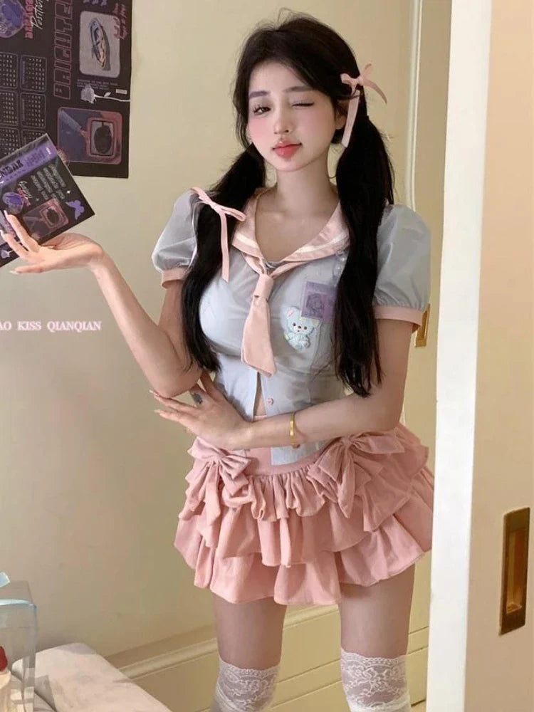 maoxiangshop Pink Kawaii Skirt Women Ruffle Patchwork Layered Bow High Waist Cute Mini Skirt Shorts Harajuku Japanese Style Soft Girl