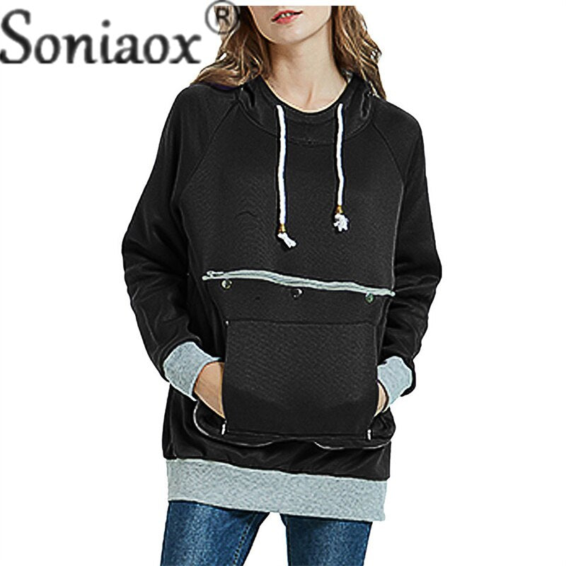 maoxiangshop Zipper Splice Loose Large Pockets Drawstring Hooded Sweatshirt Female Autumn Winter Warm Hoodie Women Thickened Long Sleeve Tops
