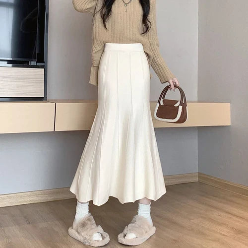 maoxiangshop Knitted Long Skirt for Women Fashion Korean Autumn Winter Ankle-Length Casual Slim Midi Skirt Solid Elegant Women's Skirts