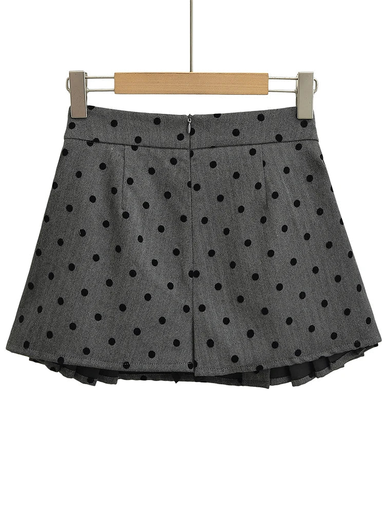 maoxiangshop - 2024 Women Fashion Sweet Polka Dot Chic Pleated Mini Skirt Preppy Style Mid Waist Short Skirts Cute Split Skorts