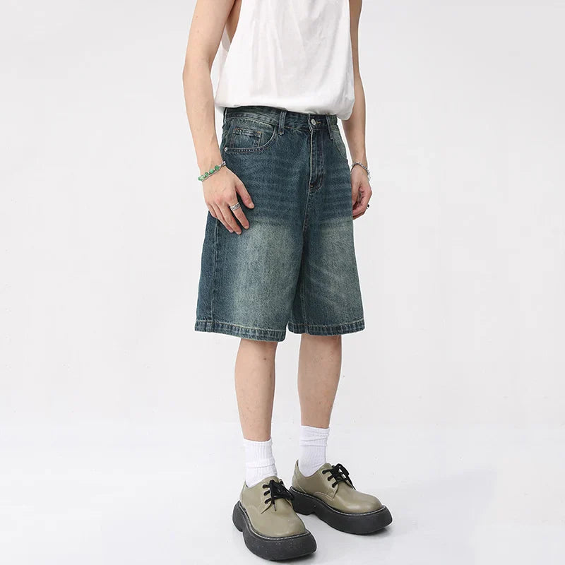 maoxiangshop Summer Denim Shorts Men's Loose Korean Style Retro Short Jeans Fashion Washed Casual Knee Length Pant New Streetwear