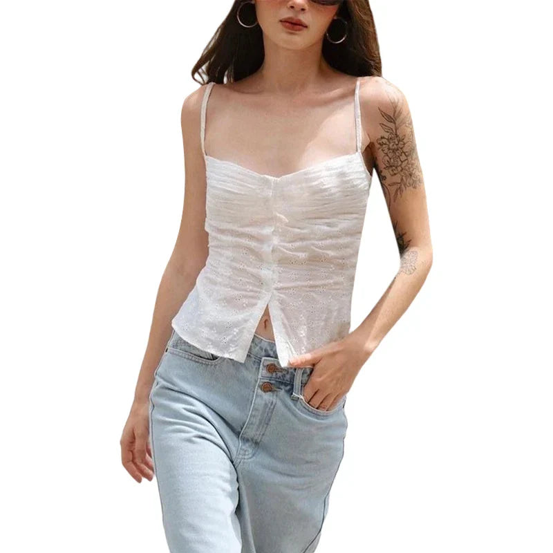 maoxiangshop-hirigin��Women Floral Hollow Crop Tops y2k Fairycore Grunge Spaghetti Strap Sleeveless Button Camisole Kawaii Tank Streetwear