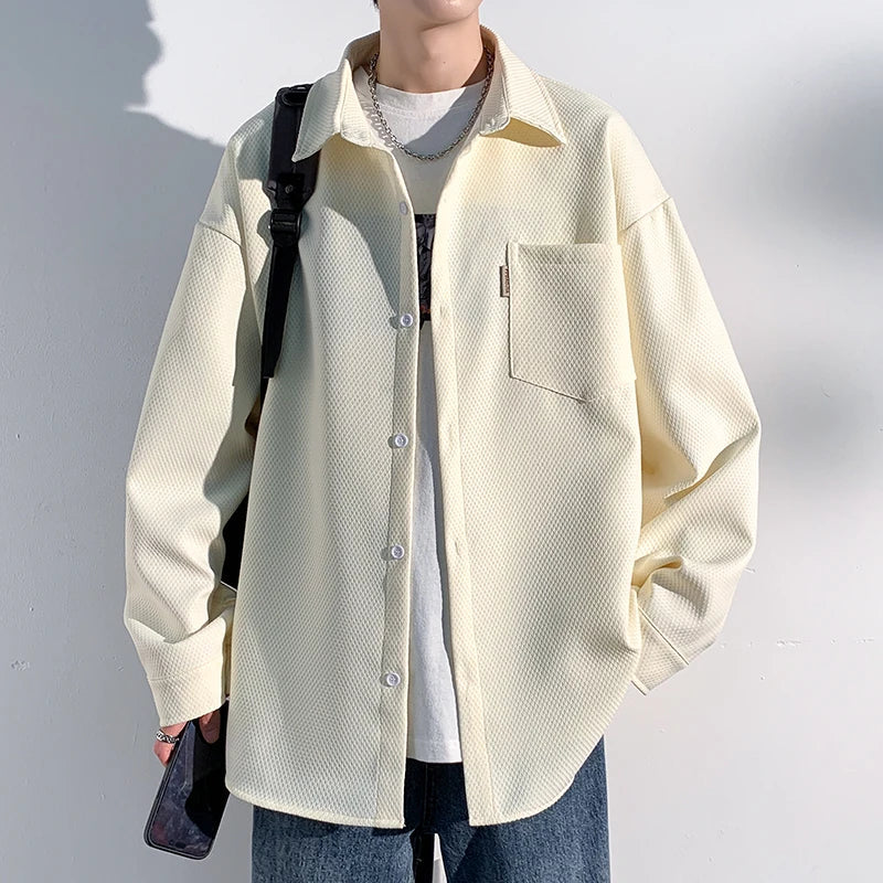 maoxiangshop Autumn New Shirts Fashion Handsome Trend Shirt Man Long Sleeve Simple Lapel Male Blouse Loose All Match Casual Tops Jacket Men