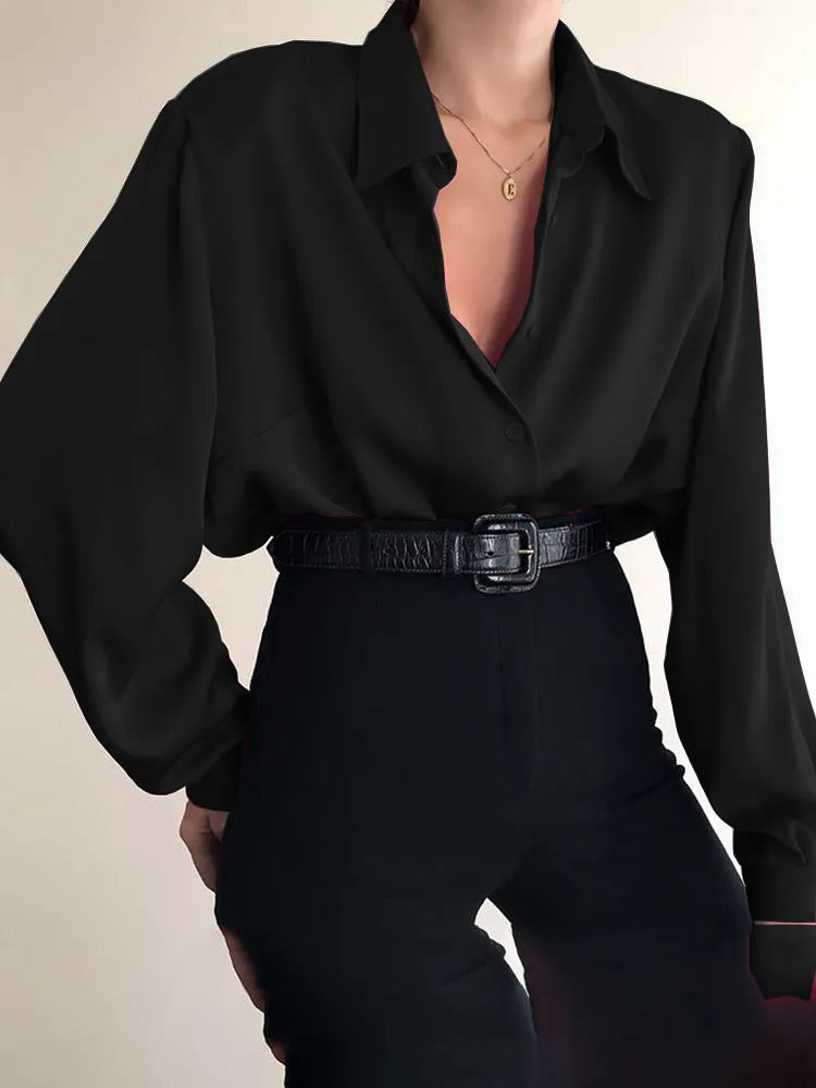 maoxiangshopWomen Button Blouses Turn Down Collar Shirts Office Lady Long Sleeve Casual Blouse Loose OL Shirt Baggy Tops Red/Wine Red /Black