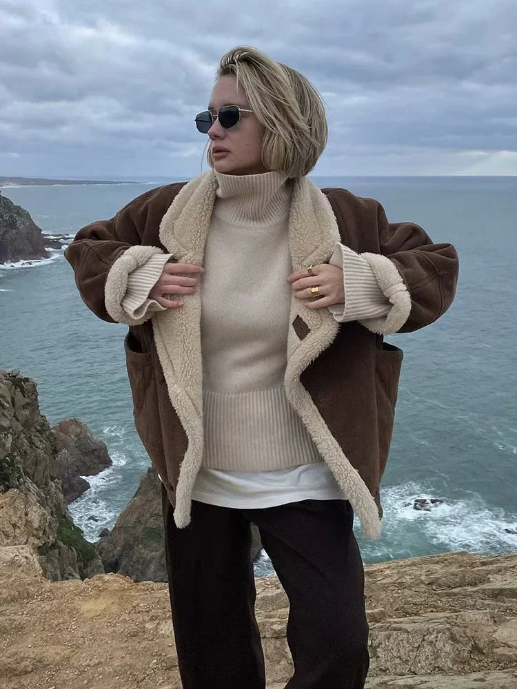 maoxiangshop - Fashion Oversize Loose Lamb Jacket For Women 2024 Winter Long Sleeve Button Fleece Coats Female Hip Hop Street Fluffy Outerwear