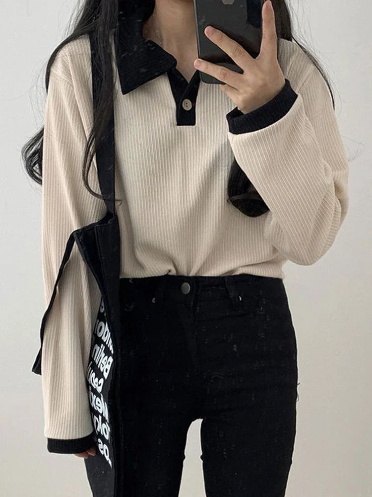 maoxiangshop Casual Women T-shirts Korean Fashion Sweet Preppy Style Tops Female Autumn Long Sleeve Turn Down Collar Basic Pullovers Tees