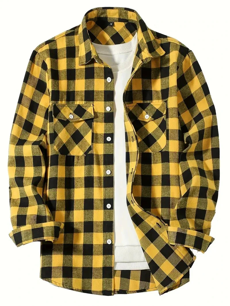maoxiangshop Men's Shirts Button-Up Classic Plaid Smart Casual Flannel Shirt Long Sleeved Chest Two Pockets Design Spring Autumn Men Tops