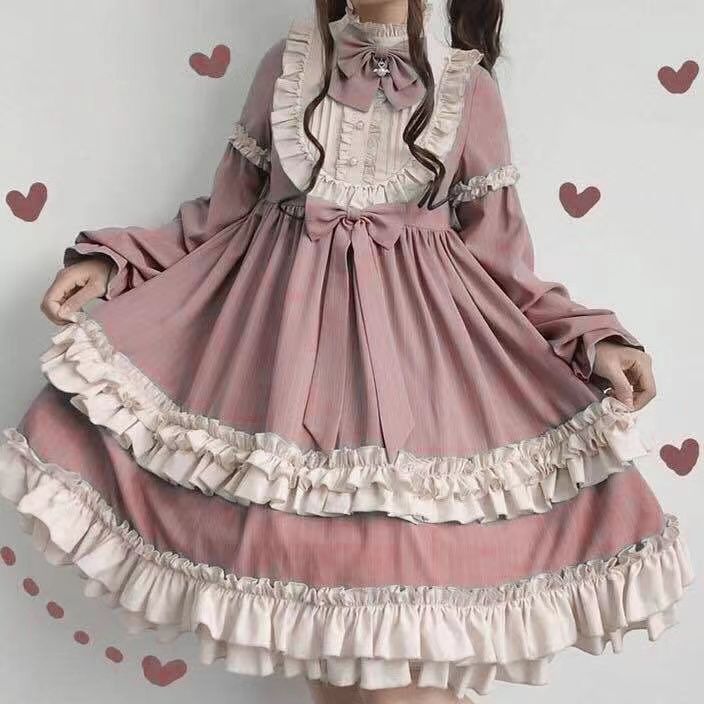 maoxiangshop In Wondeland Cute Women's Lolita OP Dress Flouncing Lace Trim Japanese Harajuku Long Sleeves Doll Dress Fairy Vestidos
