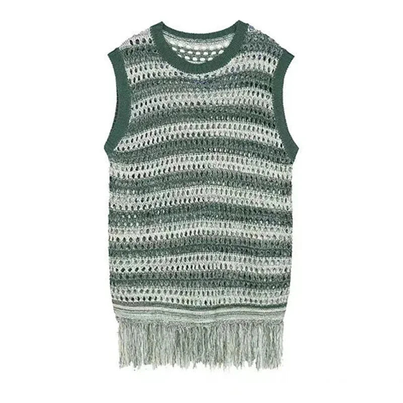 maoxiangshop Striped Mesh Vest for Men Vintage Knit Tank Tops Sleeveless Tee Male Casual Summer Beach Japanese Streetwear Hip Hop