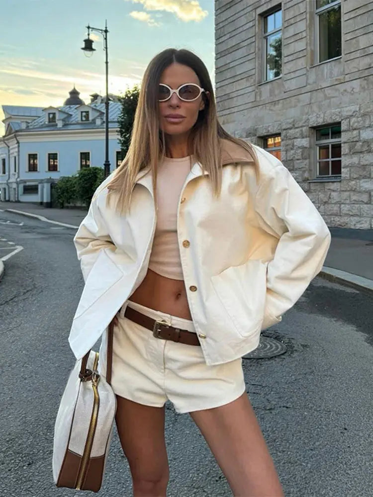 maoxiangshop - Fashion White Single Breasted Women's Jacket Casual Pocket Long Sleeved Loose Outwear 2024 Autumn New Chic High Street Coat